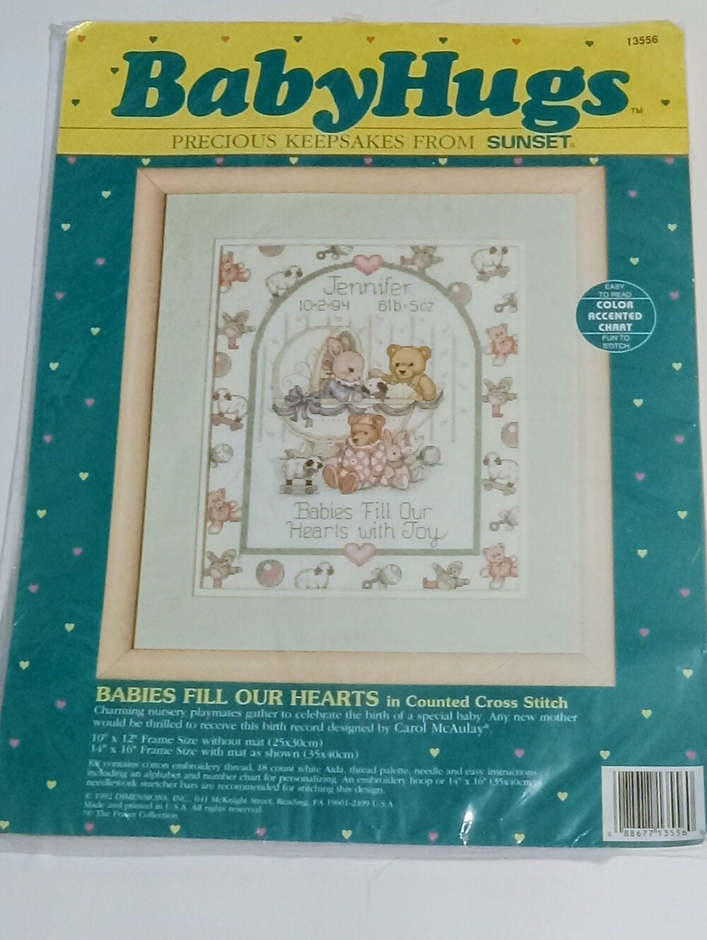 Vtg Baby Hugs Babies Fill Our Hearts 18 Count Cross Stitch Kit Birth Announcemen